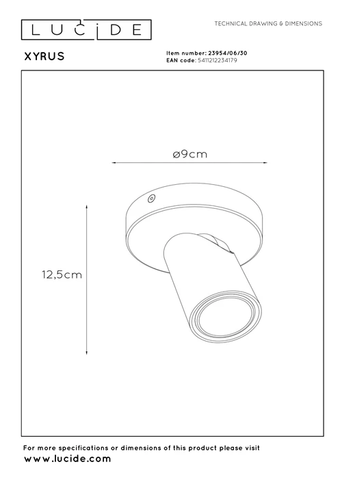 Lucide XYRUS - Plafondspot - Ø 9 cm - LED Dim to warm - GU10 - 1x5W 2200K/3000K - Zwart - technisch